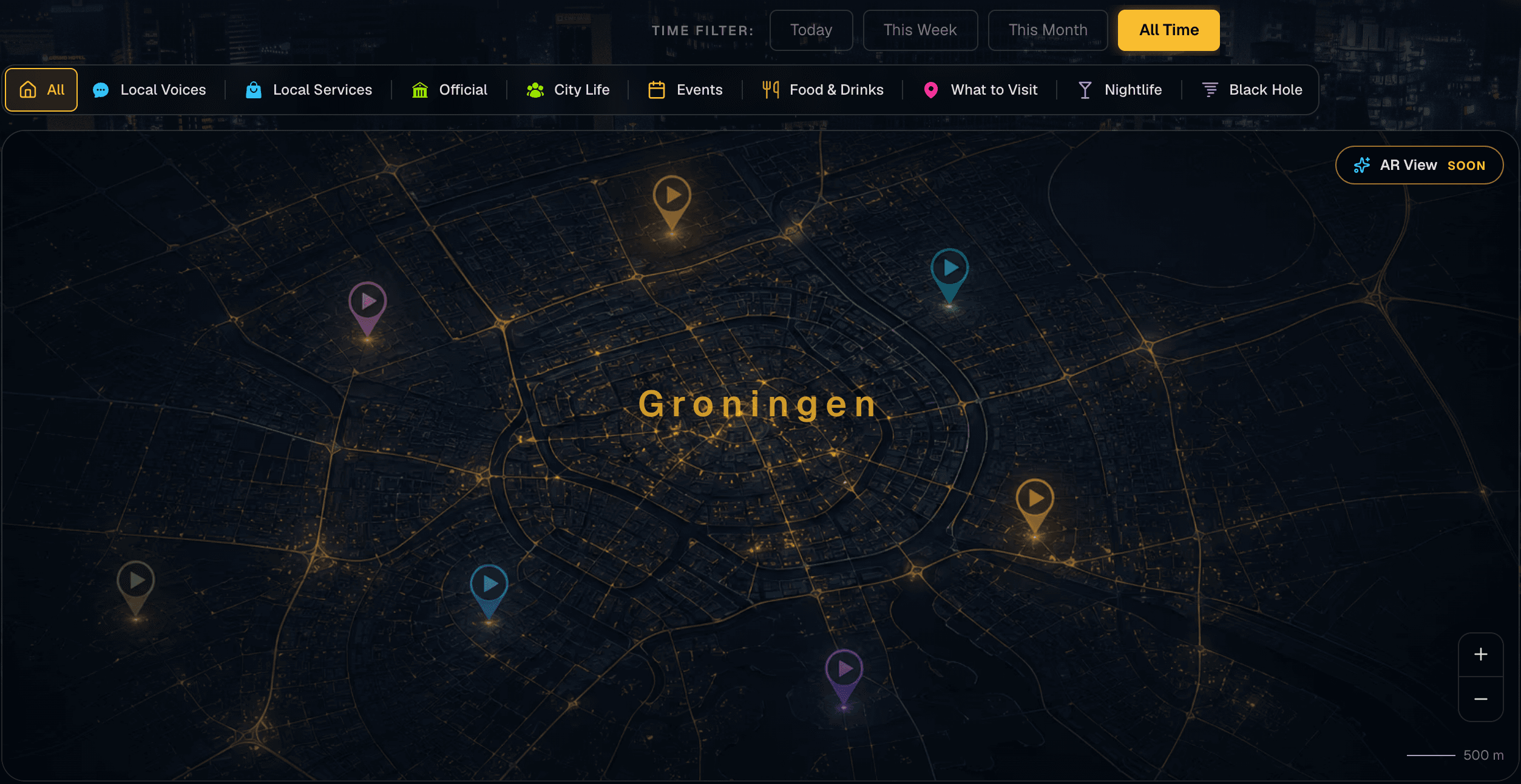The Map View: the city’s map with marked places, above its featured and trending videos.